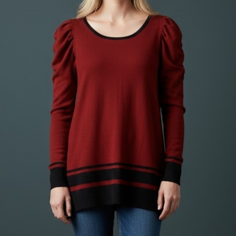 SOPHIE MAX Oxblood Ruched Long Puff Sleeve Striped Maxi Sweater